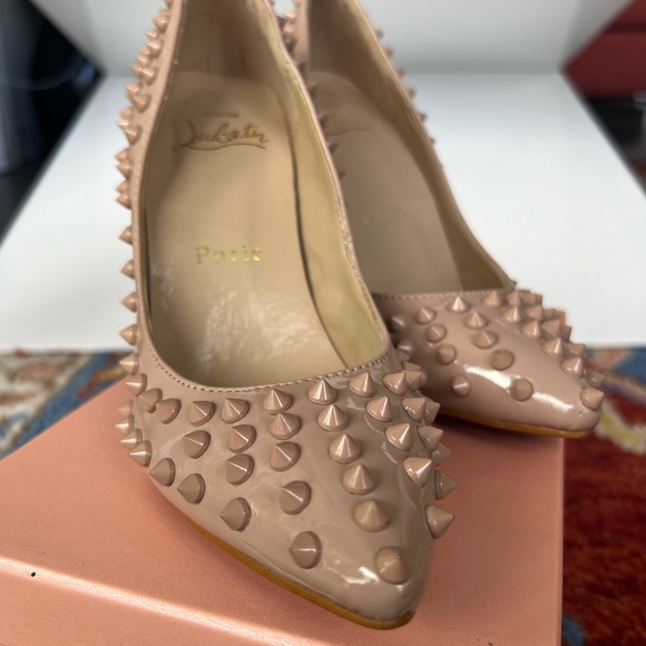 Christian Louboutin Pigalle Spikes Pointed Toe Pumps in Nude Patent Leather - Picture 2 of 9